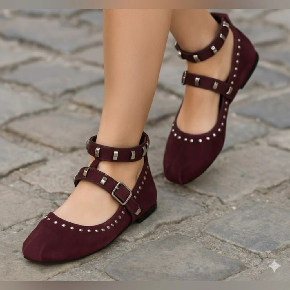 ZARA Burgundy Maroon Wine Studded Suede Leather Ballet Flats, NWT Size 38 EU